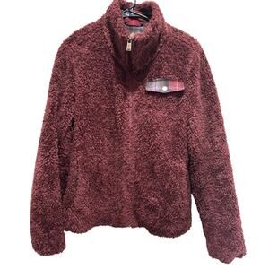 Pendleton Sherpa Teddy Fleece Jacket Women’s M Burgundy Plaid Trim Cozy Layering